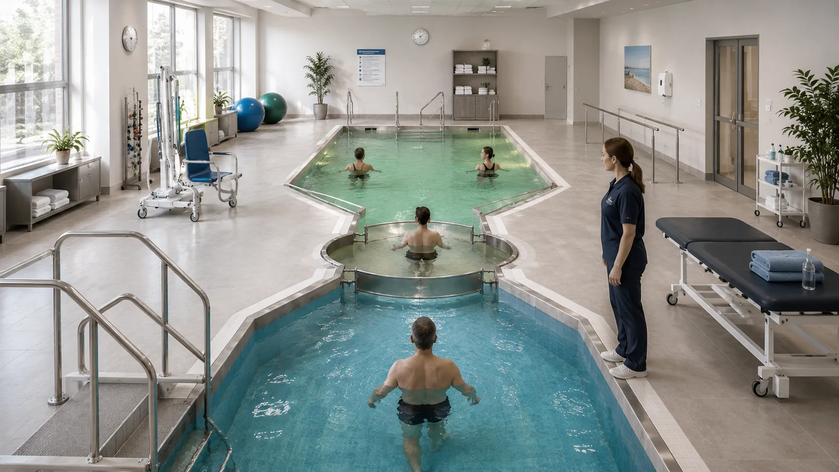 Vizualizim tregues i aplikimit të Sistemit të Hidroterapisë Termike me Tre Zona në një mjedis rehabilitimi.