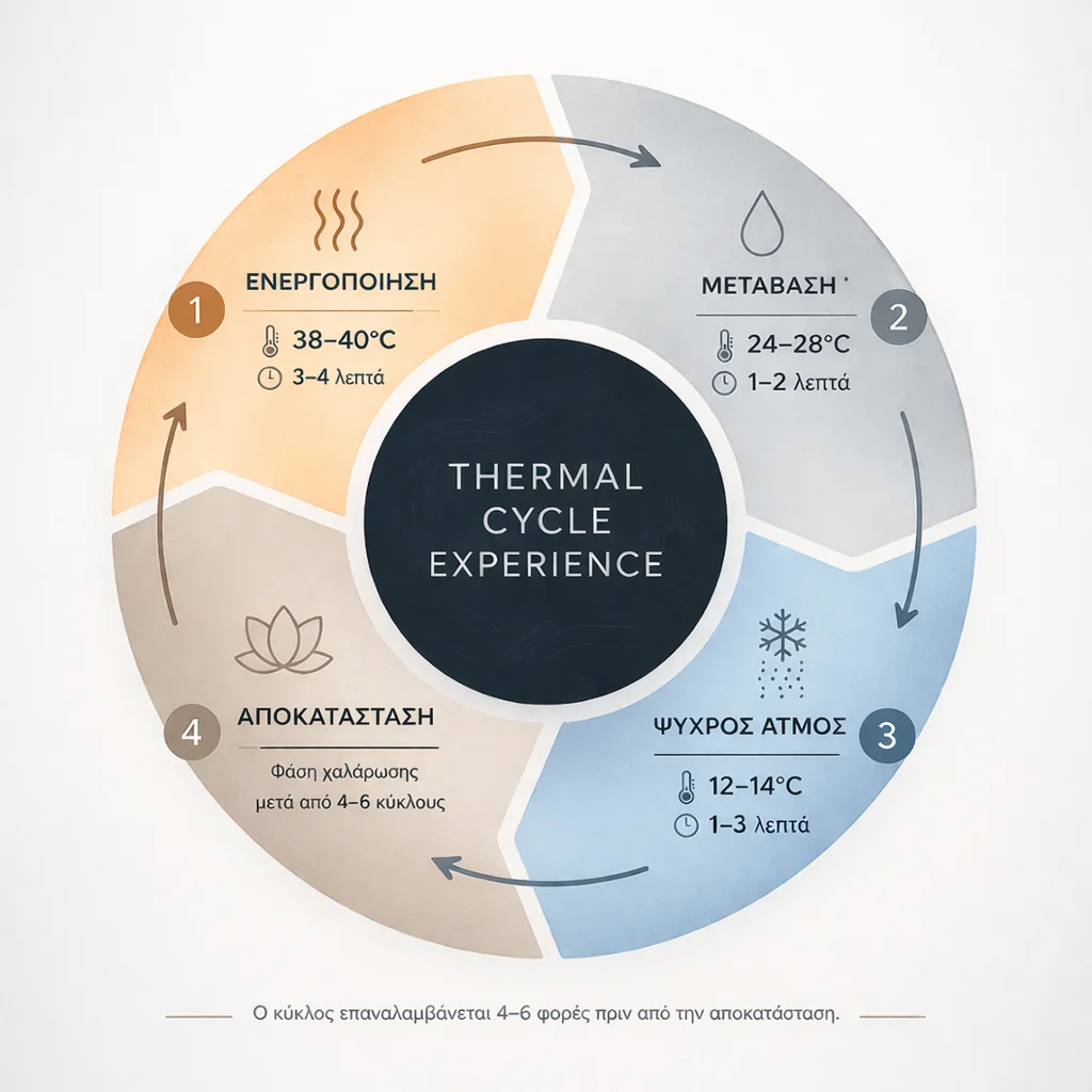 Διάγραμμα θερμικού κύκλου PoolDesign Thermal Cycle Experience με τις τέσσερις φάσεις: ενεργοποίηση, μετάβαση, ψυχρός ατμός και αποκατάσταση