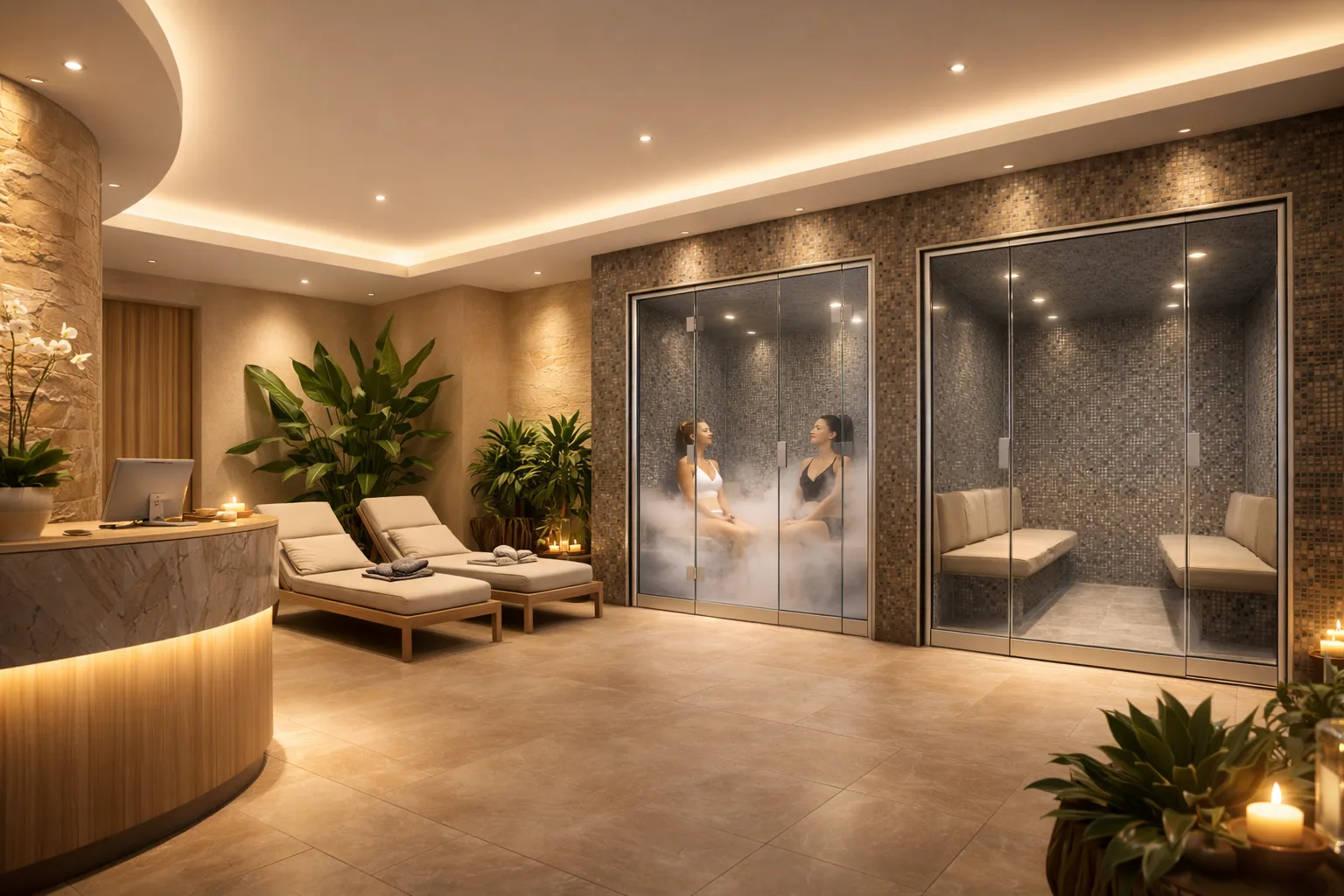 Due camere PoolDesign Thermal Cycle Experience in un'area benessere con zona relax